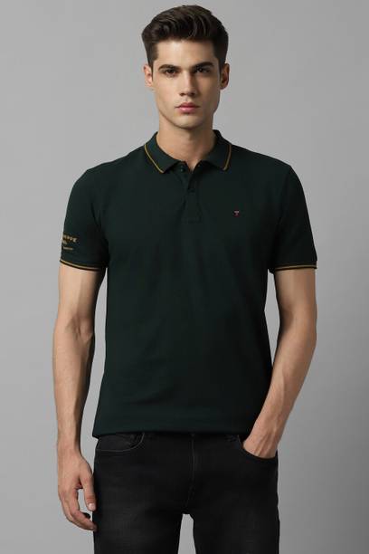 Men Solid Polo Neck Pure Cotton Dark Green T-Shirt
