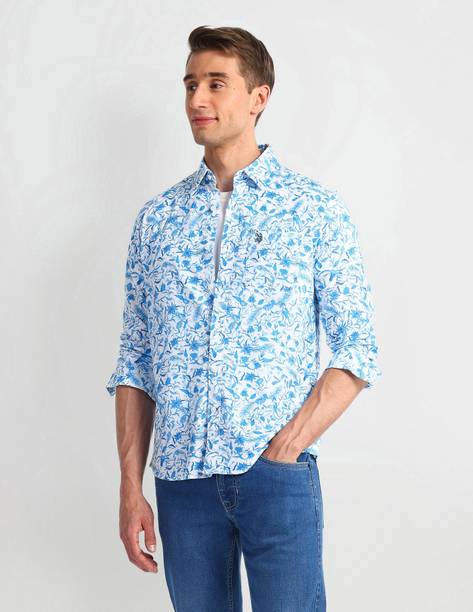Men Slim Fit Floral Print Spread Collar Casual Shirt