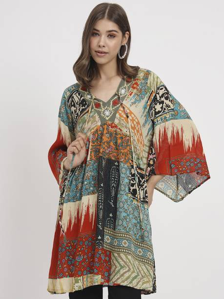 Casual Bell Sleeves Printed Women Multicolor Top