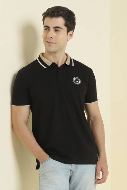 Men Solid Polo Neck Pure Cotton Black T-Shirt
