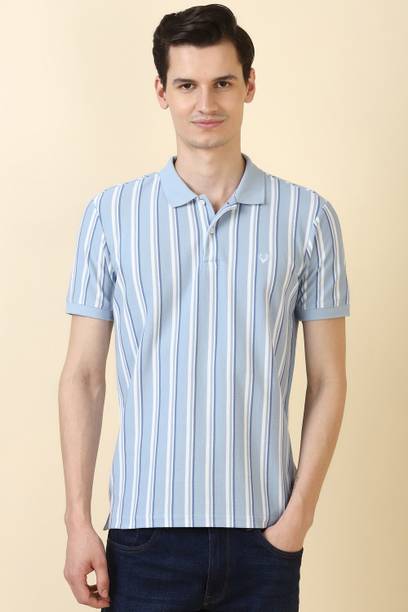 Men Striped Polo Neck Polycotton Light Blue T-Shirt
