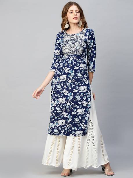 Women Floral Print Pure Cotton Straight Kurta