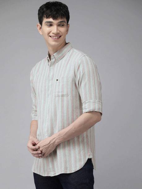 Men Slim Fit Striped Button Down Collar Casual Shirt