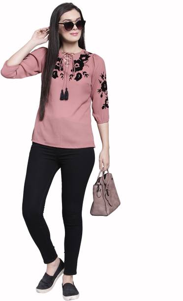Casual Bishop Sleeve Printed Women Pink Top