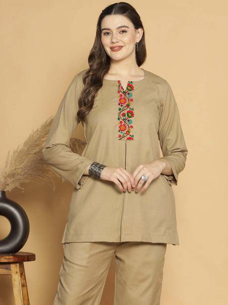 Casual Regular Sleeves Embroidered Women Beige Top