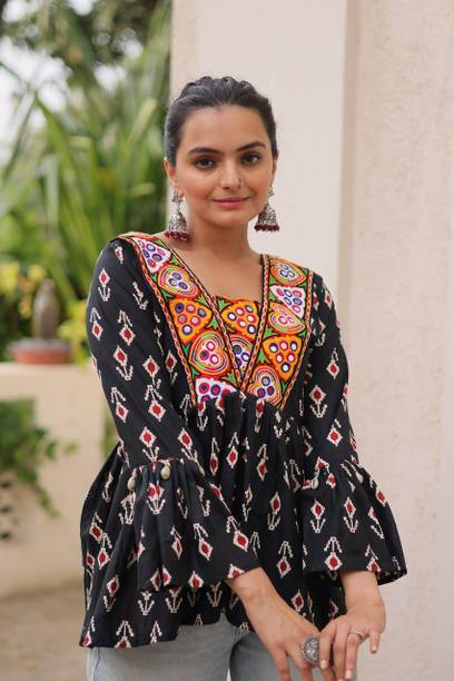 Party Regular Sleeves Embroidered Women Black Top