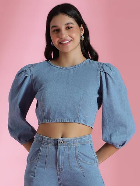Casual Puff Sleeves Solid Women Light Blue Top
