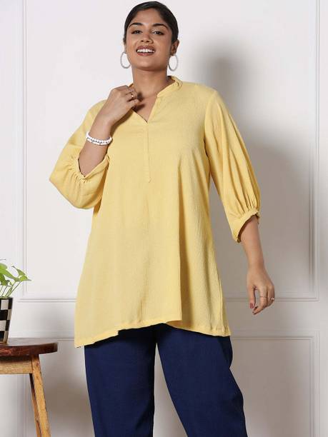 Casual Regular Sleeves Solid Women Yellow Top
