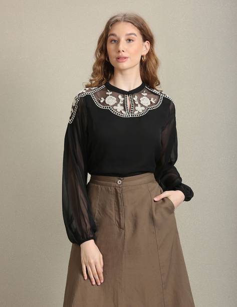 Casual Regular Sleeves Embroidered Women Black, White T...