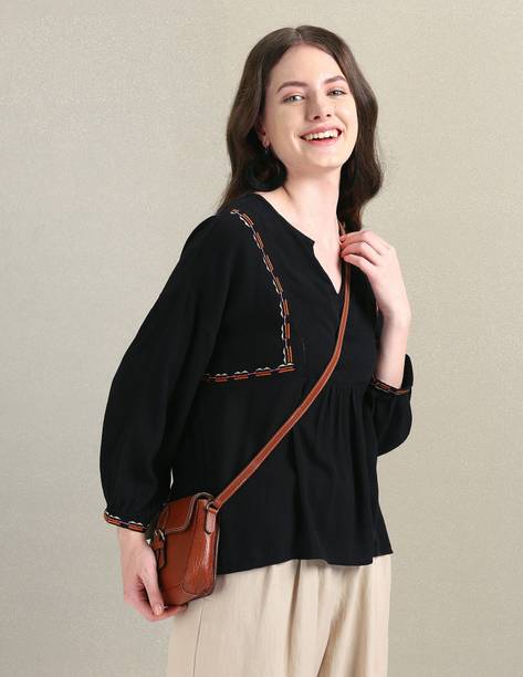Casual Puff Sleeves Embroidered, Solid Women Black Top