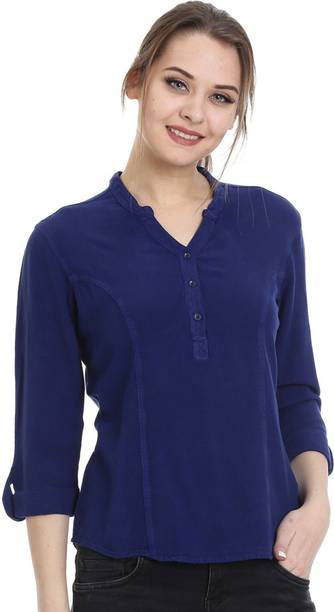 Casual Roll Up Sleeves Solid Women Blue Top