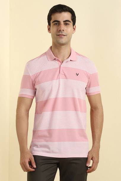 Men Striped Polo Neck Polycotton Pink T-Shirt