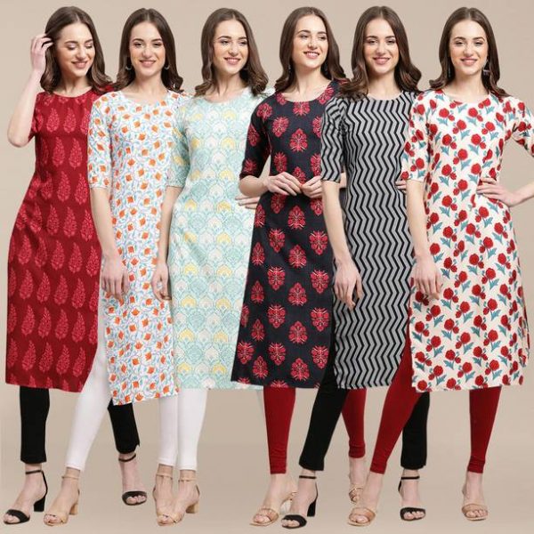 Pack of 6 Women Printed Crepe A-line Kurta