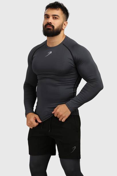 Men Compression Full Sleeve Gym Men Solid Round Neck Polyester Grey T-Shirt