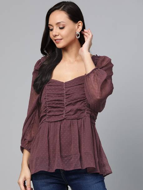 Casual Regular Sleeves Solid Women Purple Top
