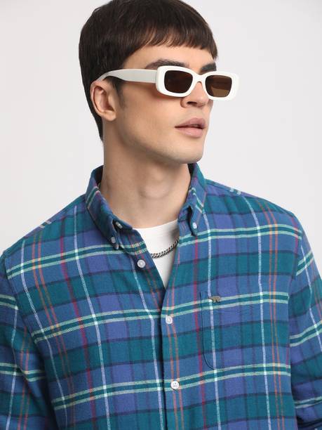 Men Slim Fit Checkered Button Down Collar Casual Shirt