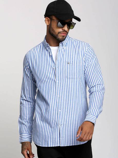 Men Slim Fit Striped Button Down Collar Casual Shirt