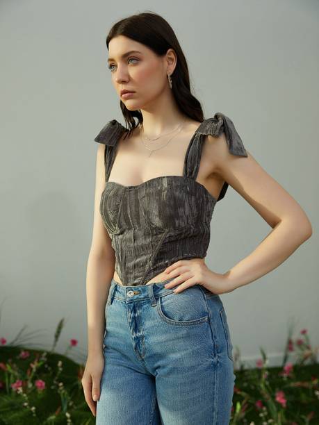 Casual Sleeveless Solid Women Grey Top