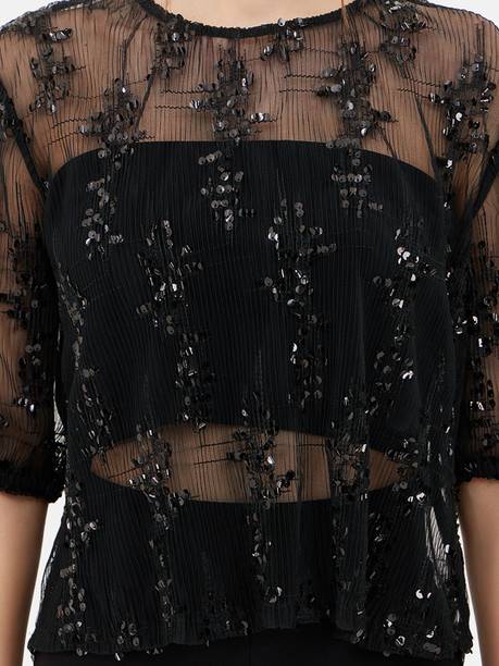 Party Puff Sleeves Embellished Women Black Top