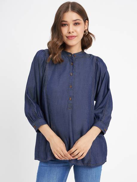 Casual Puff Sleeves Solid Women Dark Blue Top