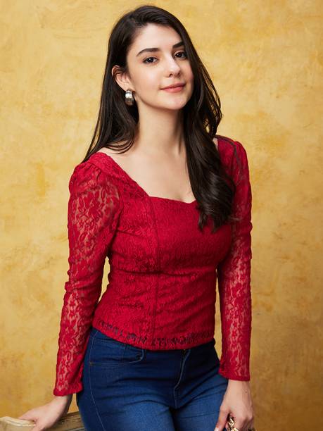 Casual Regular Sleeves Self Design Women Red Top