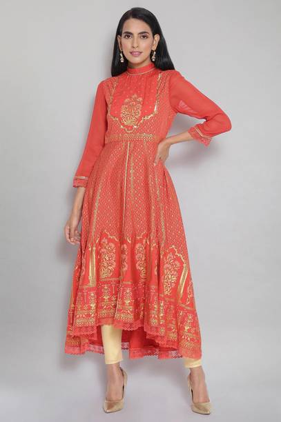 Women Embroidered Polyester Flared Kurta