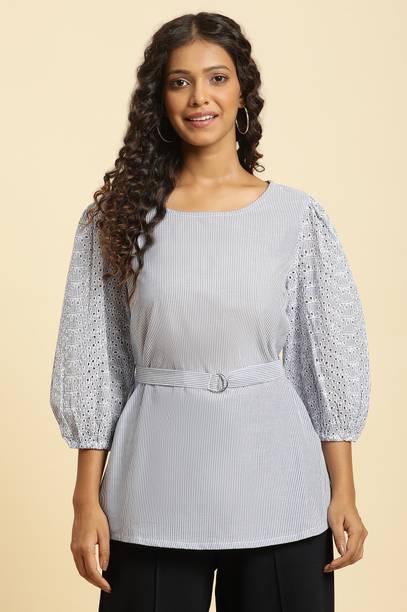 Casual Regular Sleeves Striped Women Blue Top