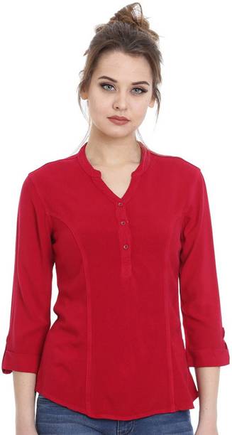 Casual Roll Up Sleeves Solid Women Red Top