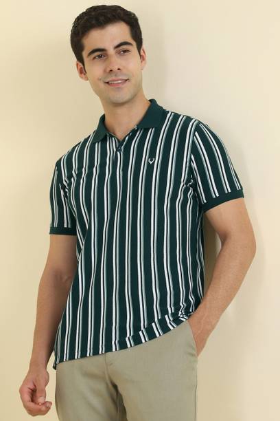 Men Striped Polo Neck Polycotton Green T-Shirt