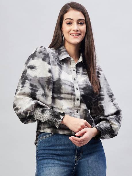 Casual Cuffed Sleeves Printed Women Black Top