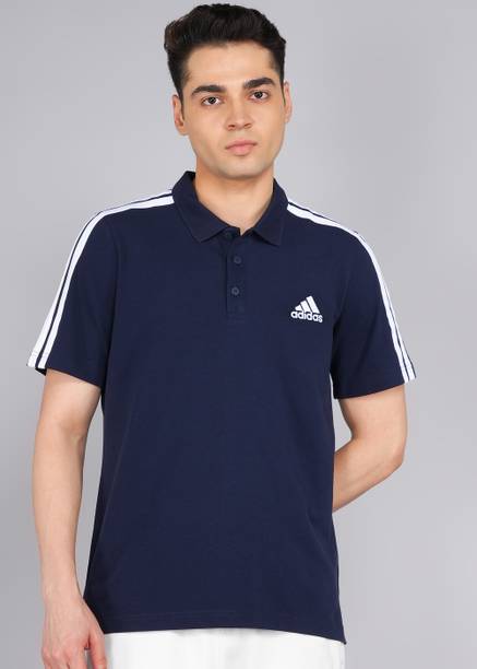 Men Striped Polo Neck Cotton Blend Blue T-Shirt