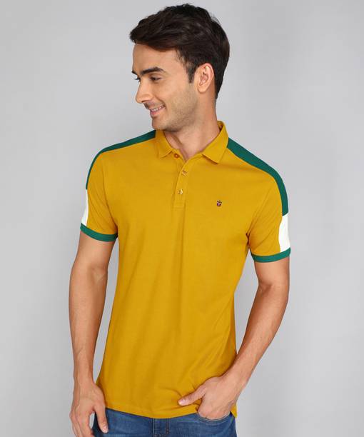 Men Colorblock Polo Neck Pure Cotton Yellow T-Shirt