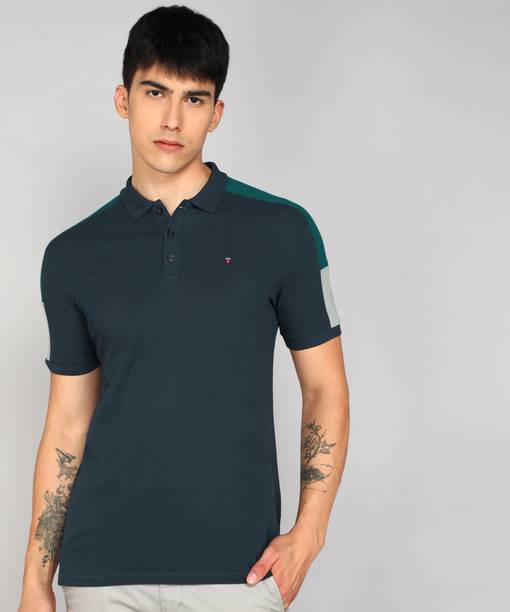 Men Colorblock Polo Neck Pure Cotton Navy Blue T-Shirt