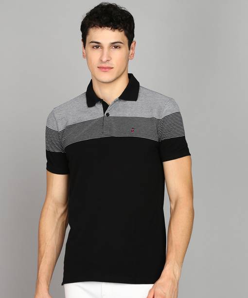 Men Striped Polo Neck Pure Cotton Black T-Shirt