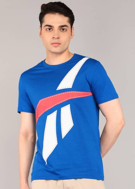 Men Graphic Print Round Neck Pure Cotton Navy Blue T-Sh...