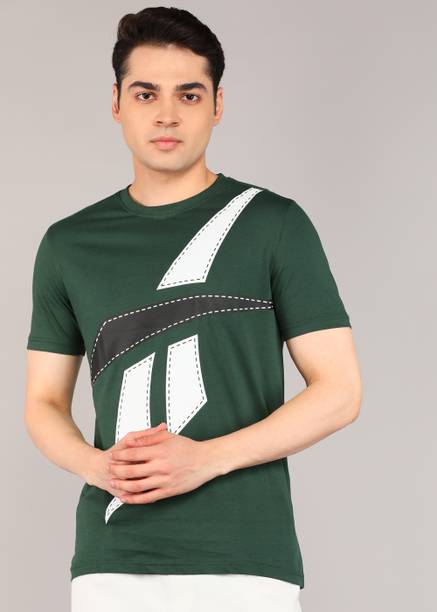 Men Graphic Print Round Neck Pure Cotton Dark Green T-S...