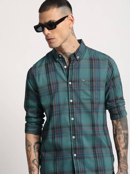 Men Slim Fit Checkered Button Down Collar Casual Shirt
