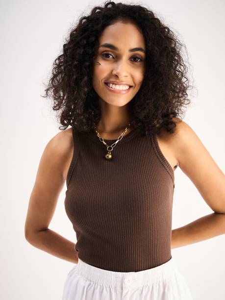 Casual Sleeveless Solid Women Brown Top