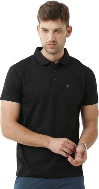 Men Solid Polo Neck Pure Cotton Black T-Shirt