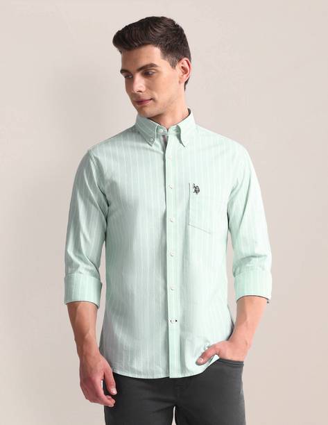 Men Regular Fit Striped Button Down Collar Casual Shirt