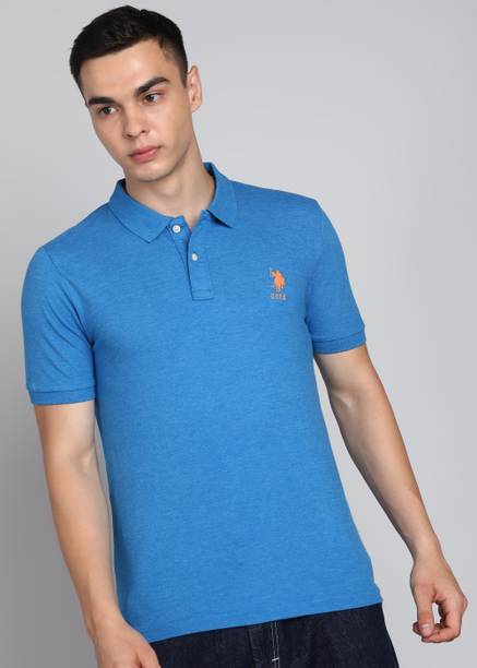 Men Solid Polo Neck Cotton Blend Blue T-Shirt