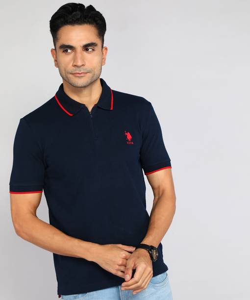 Men Solid Polo Neck Pure Cotton Blue T-Shirt