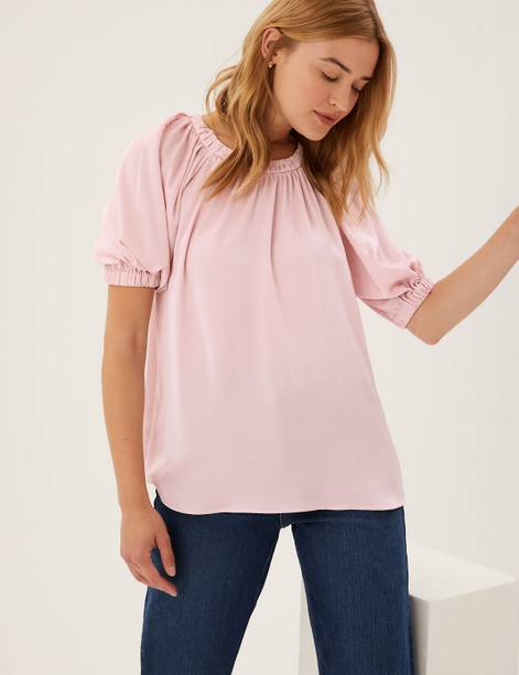 Casual Regular Sleeves Solid Women Pink Top