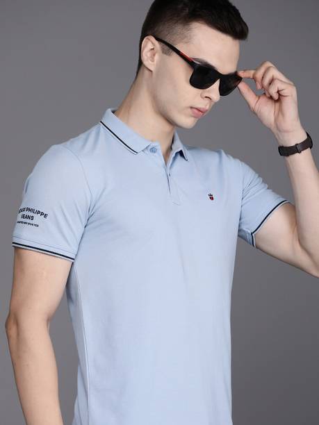 Men Printed Polo Neck Pure Cotton Light Blue T-Shirt