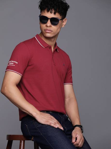 Men Printed Polo Neck Pure Cotton Maroon T-Shirt