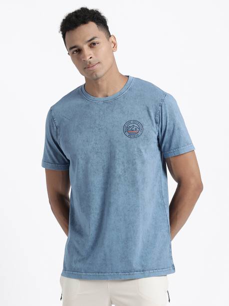 Men Printed Crew Neck Pure Cotton Blue T-Shirt