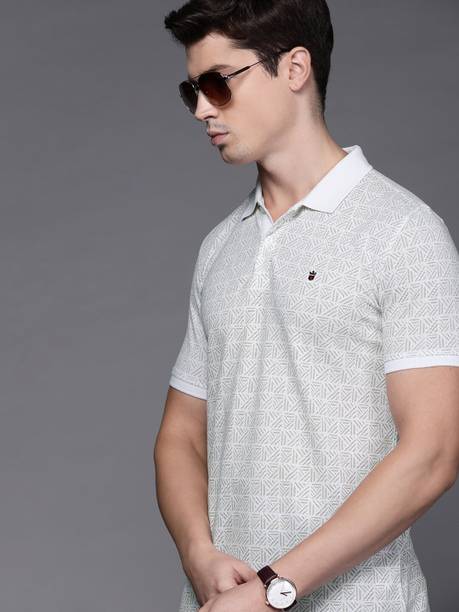 Men Printed Polo Neck Pure Cotton White T-Shirt