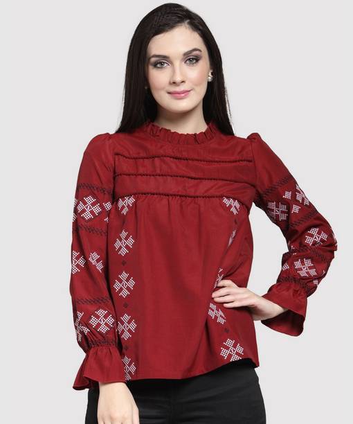 Casual Bell Sleeves Printed Women Maroon Top