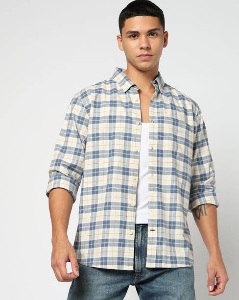 Men Regular Fit Checkered Button Down Collar Casual Shi...