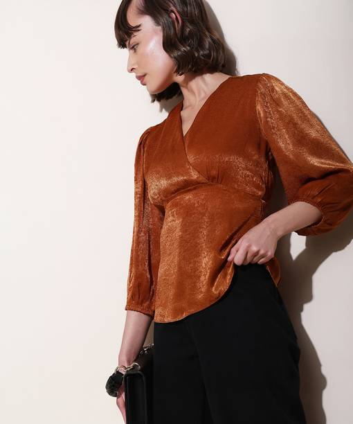 Casual Bishop Sleeve Solid Women Brown Top